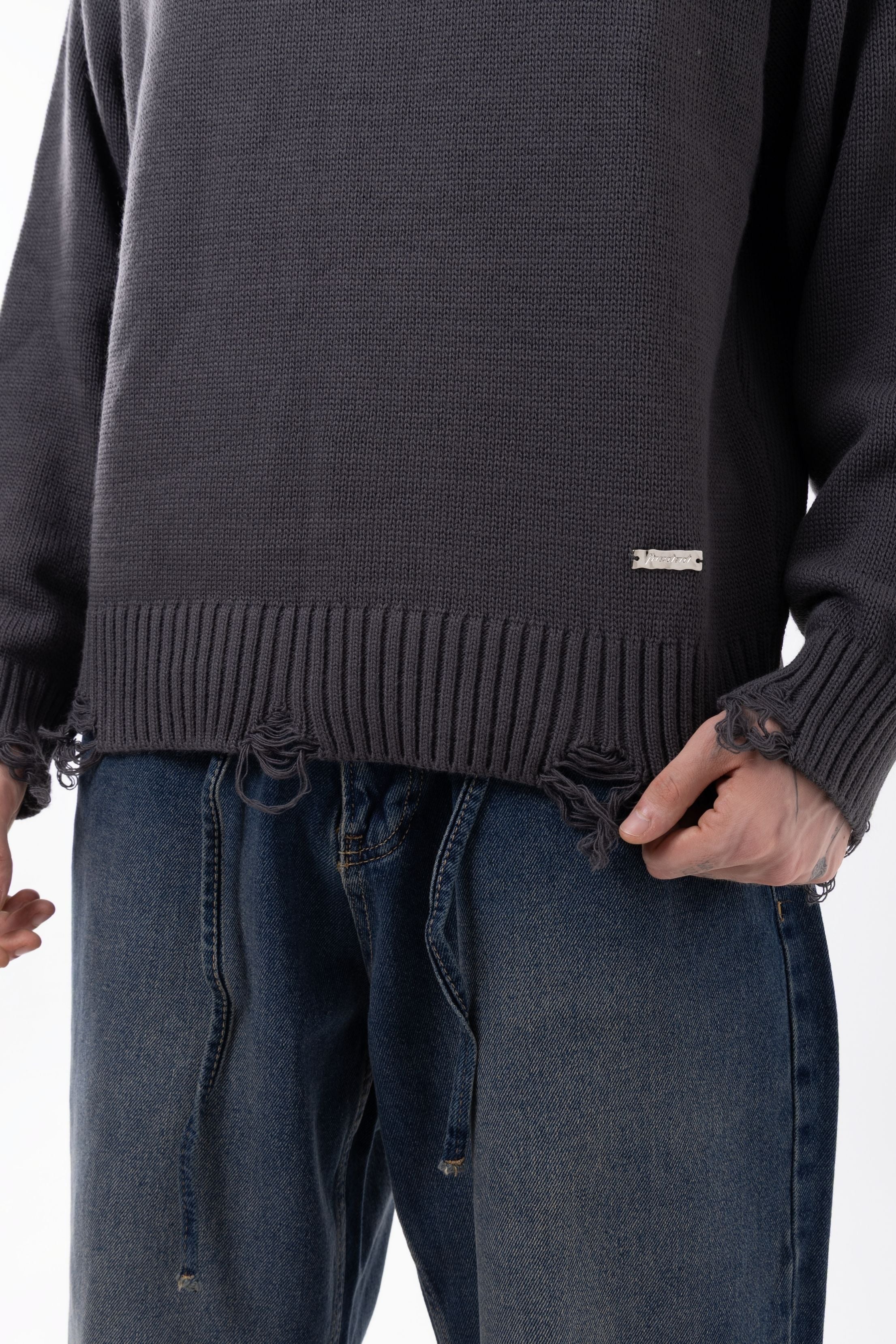 Gray Ripped Detailed Knitwear