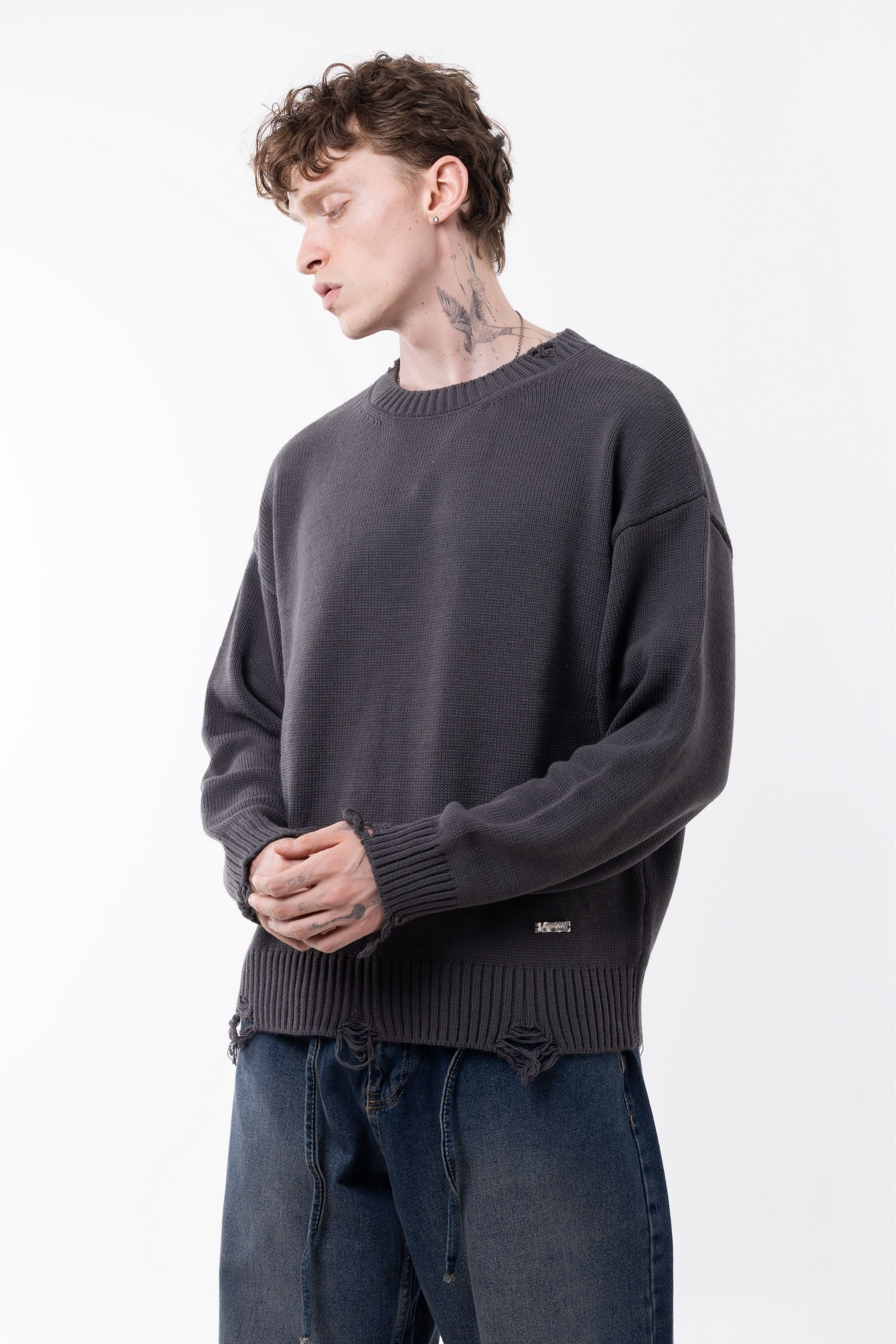 Gray Ripped Detailed Knitwear