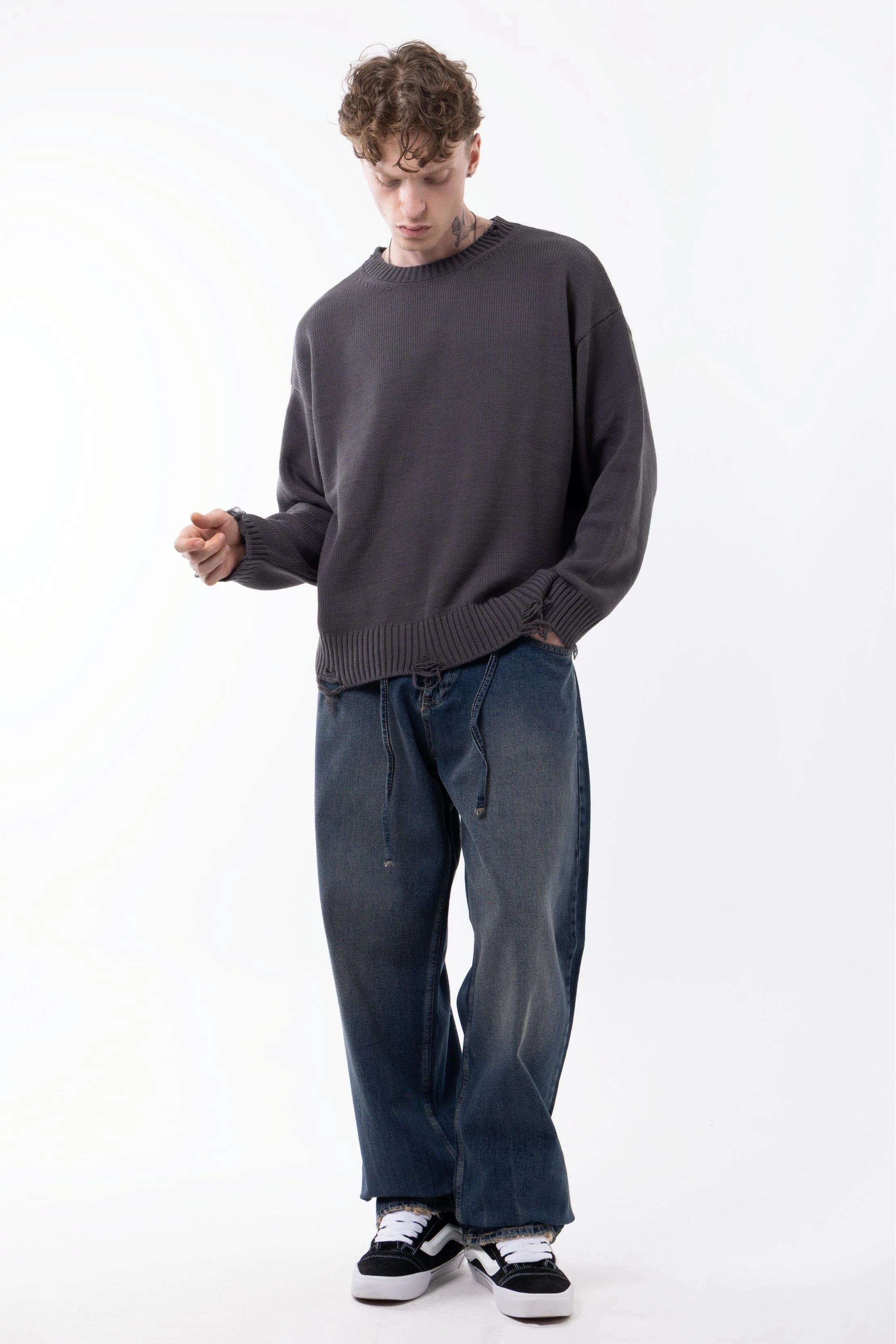 Gray Ripped Detailed Knitwear