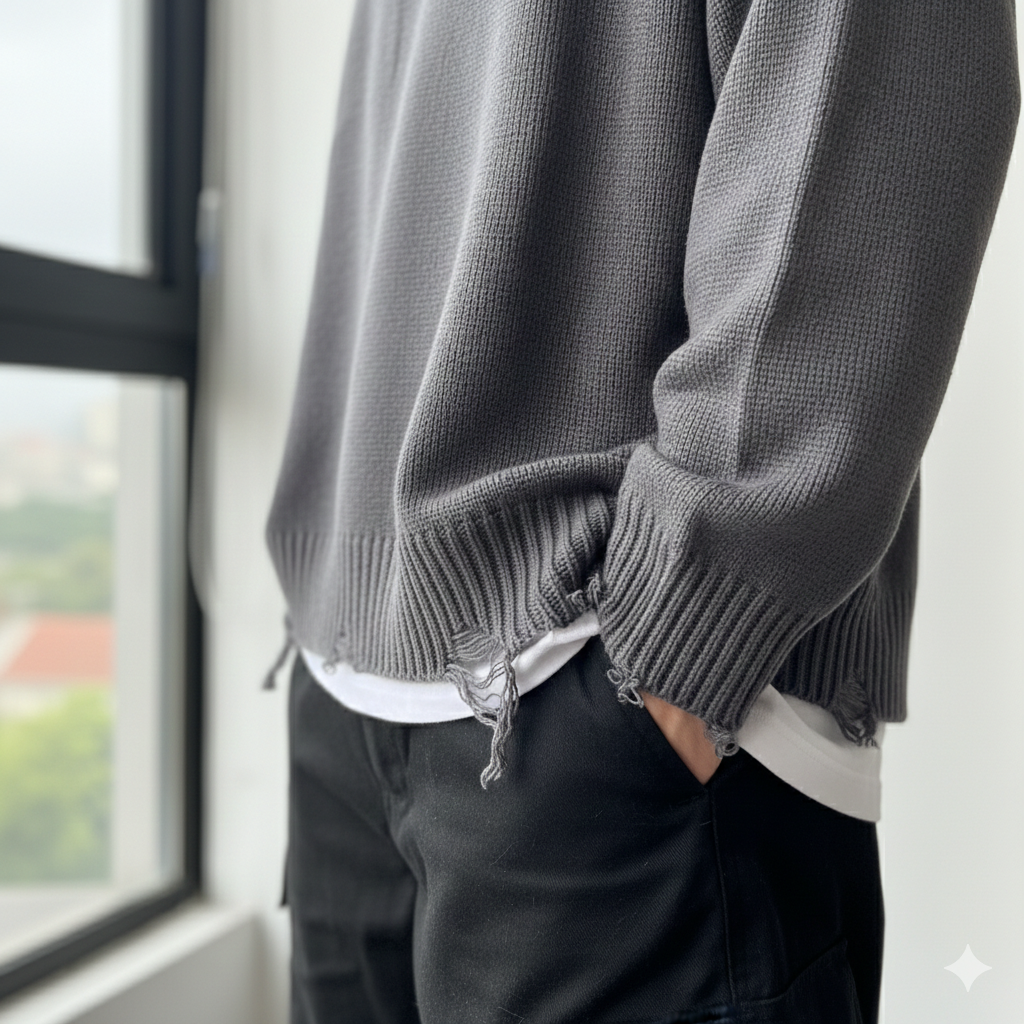 Grey Ripped Detailed Knitwear